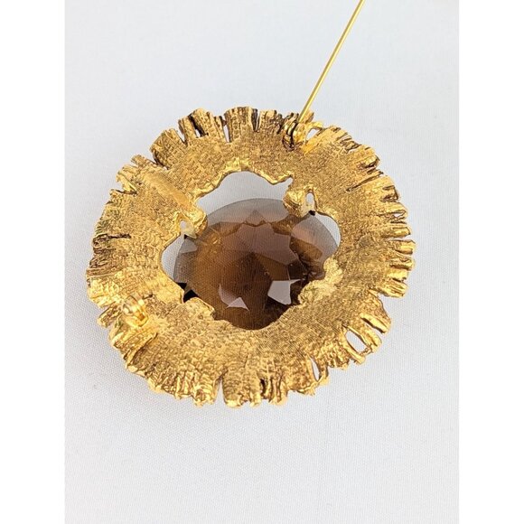Vintage Amber Sunflower Statement Brooch Large 2.5" Gold Tone Pin w/ Amber Glass - Picture 5 of 7